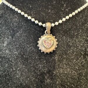 Silver Heart Pendant Necklace with Pink Crystal Accents